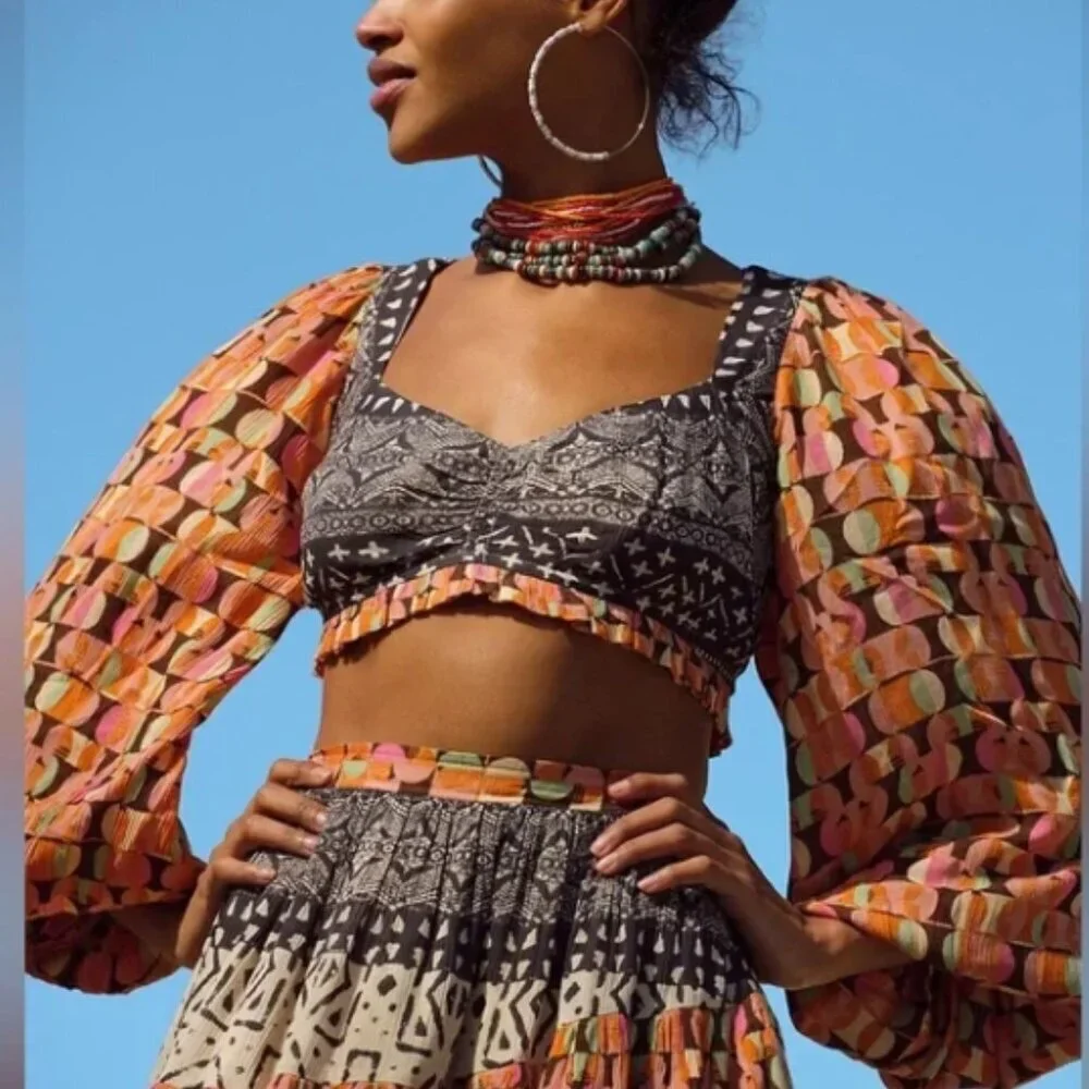 Free People Naomi Printed Smocked‎ Puff Sleeve Boho Endless Summer Cropped Top M